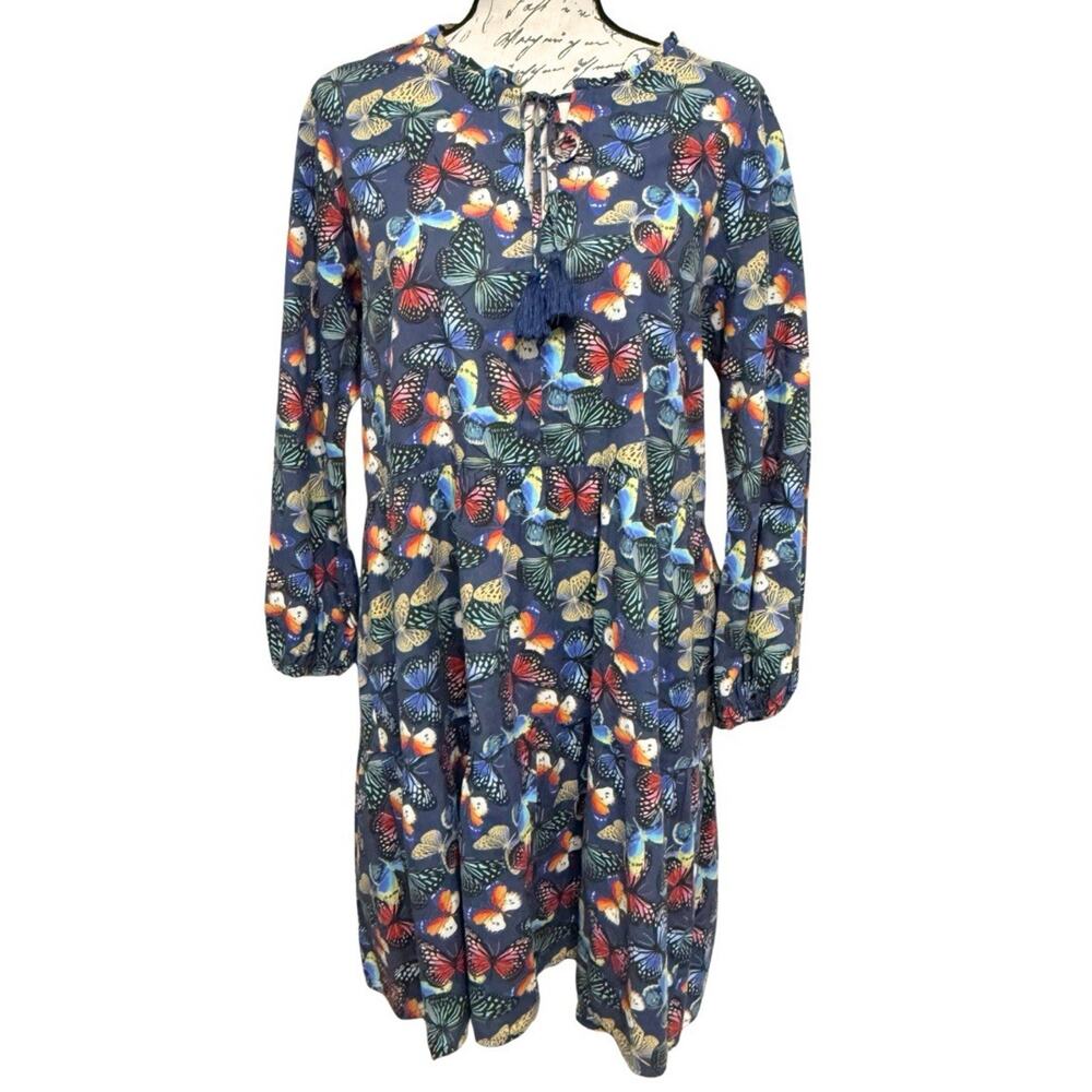 Johnny Was PAPILLON TIERED DRESS Size S Butterfly Print Tassel Tie Neck Boho